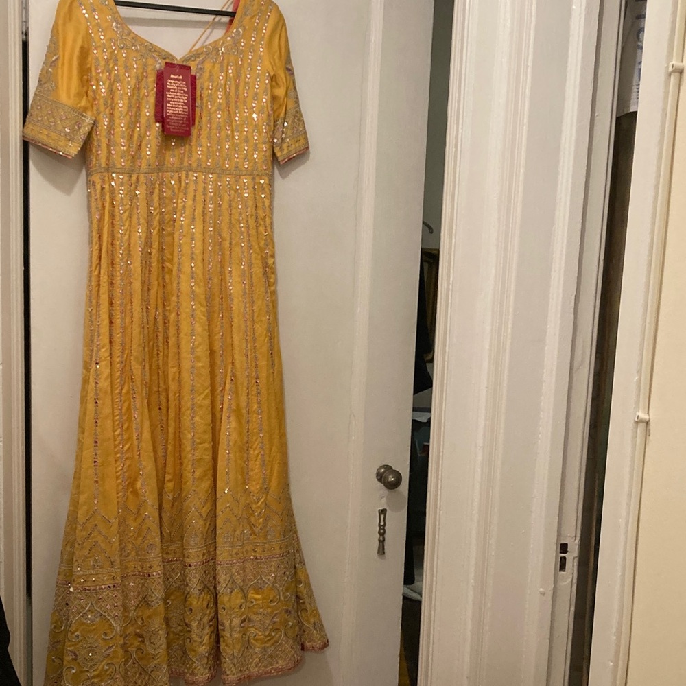 Biba Mustard Anarkali with Pink and Silver Embroidery